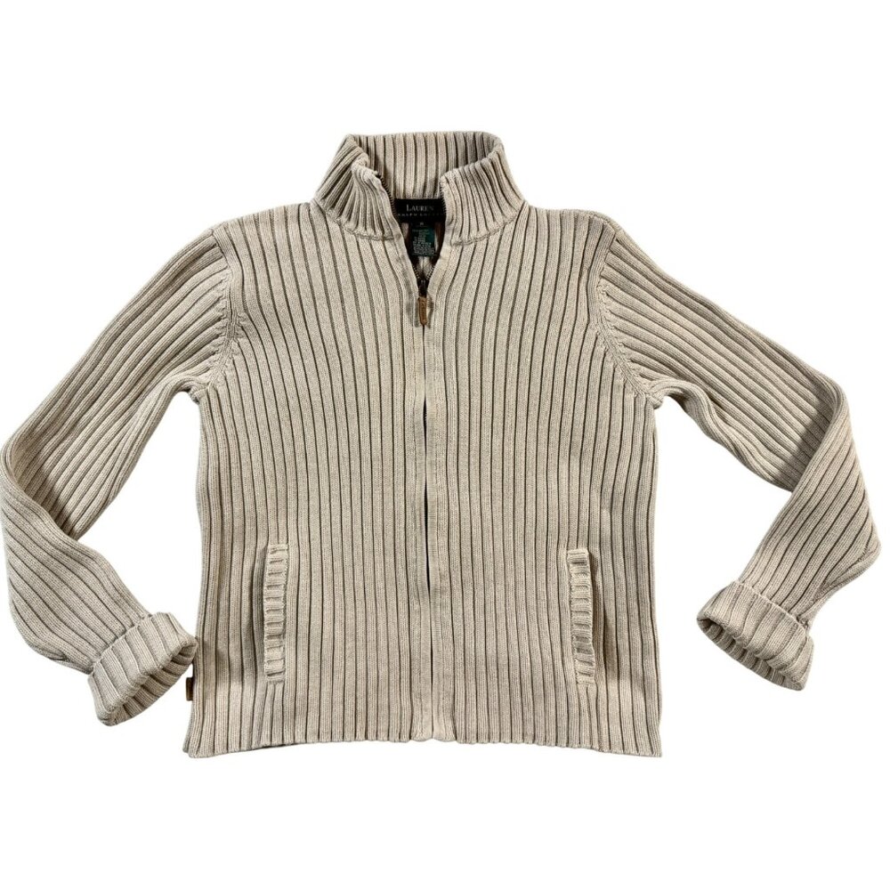 Lauren Ralph Lauren Cream Ribbed Zip-Up Cardigan Sweater
